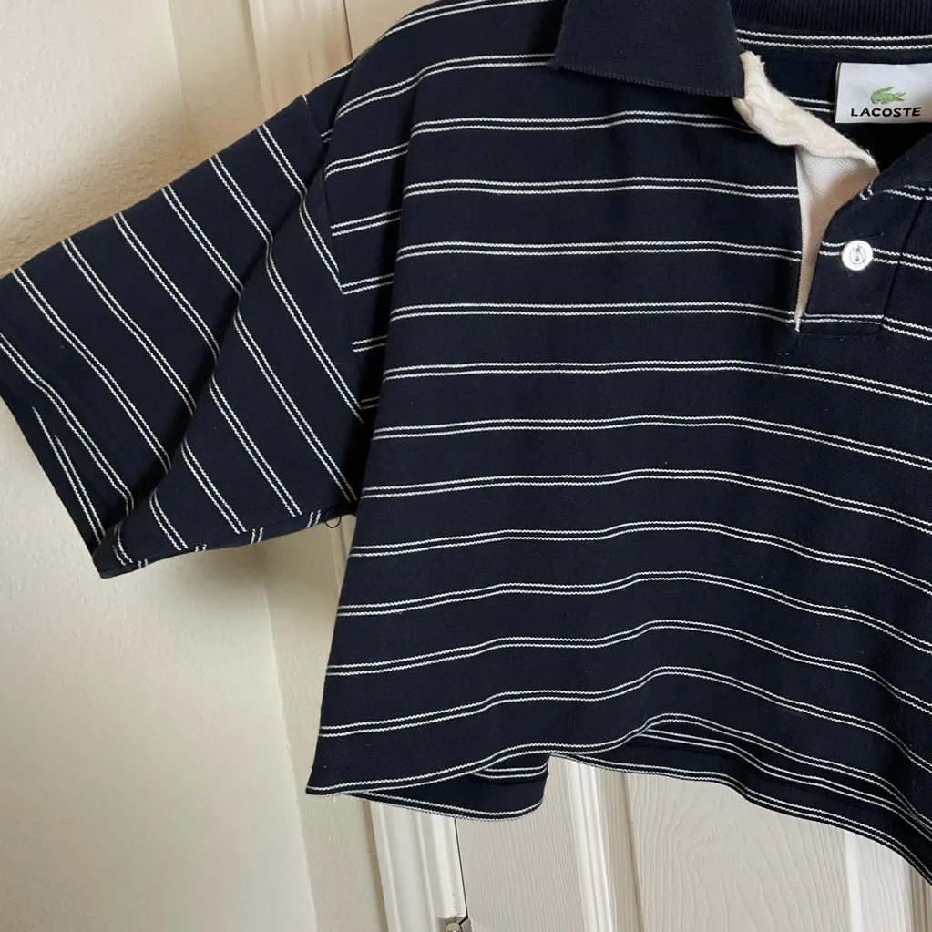 vintage Lacoste cropped polo shirt woman’s blue and white Top size large - Image 5