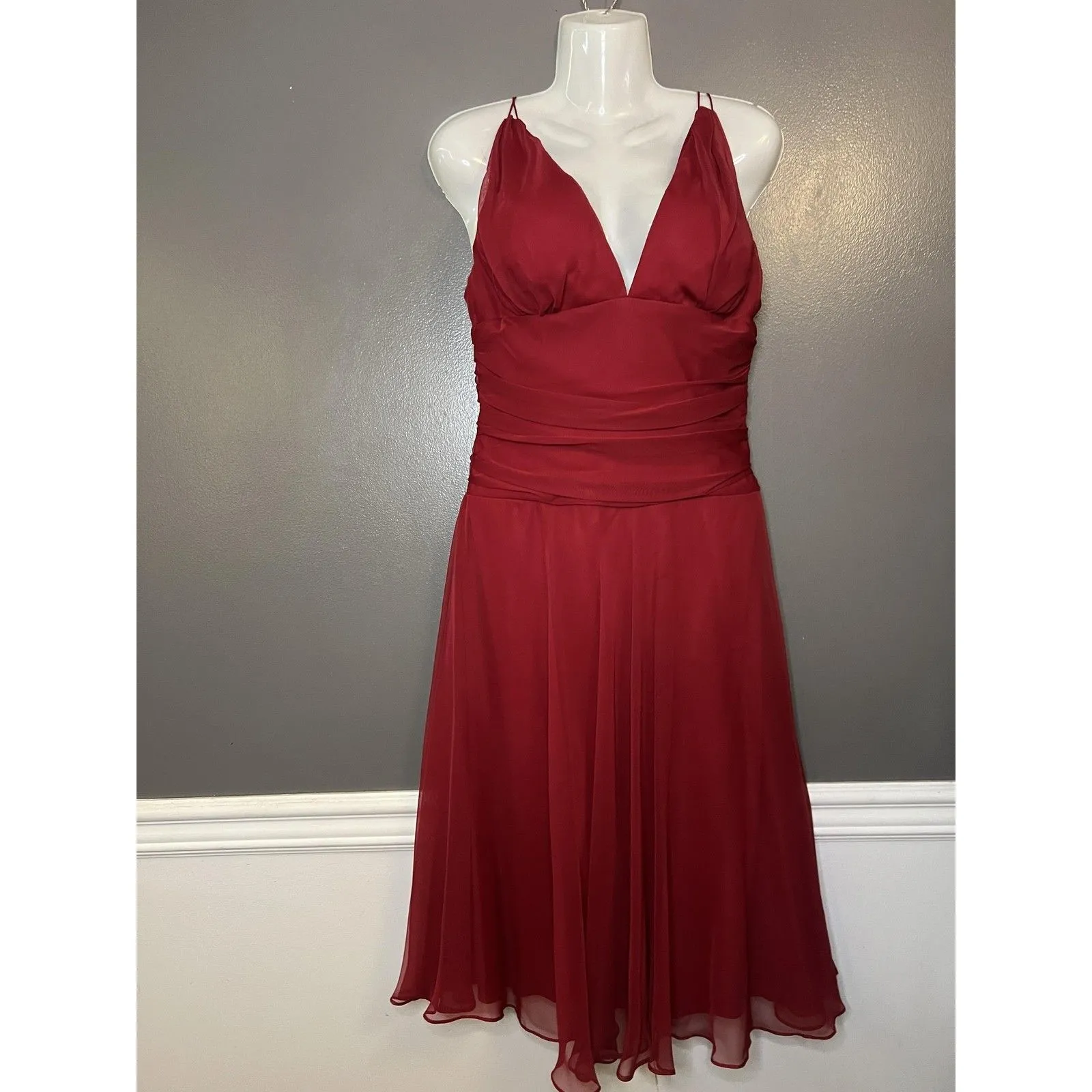 After Six Dress Womens 10 Red Claret Chiffon V Neck Ruched Midi Bridesmaid Gown - Image 2
