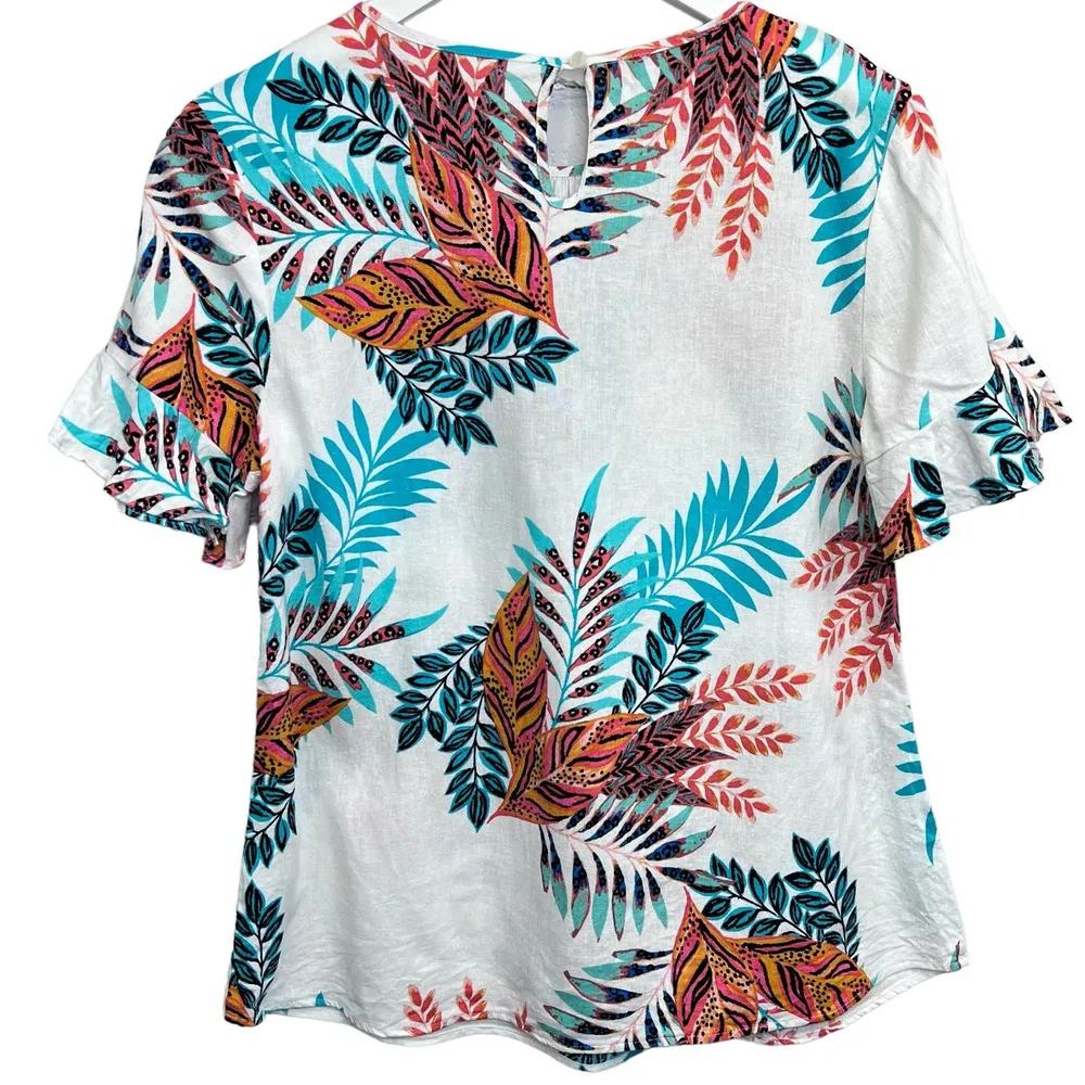 Van Heusen Womens Floral Linen Top White Size M Short Sleeve Round Neck Blouse - Image 5