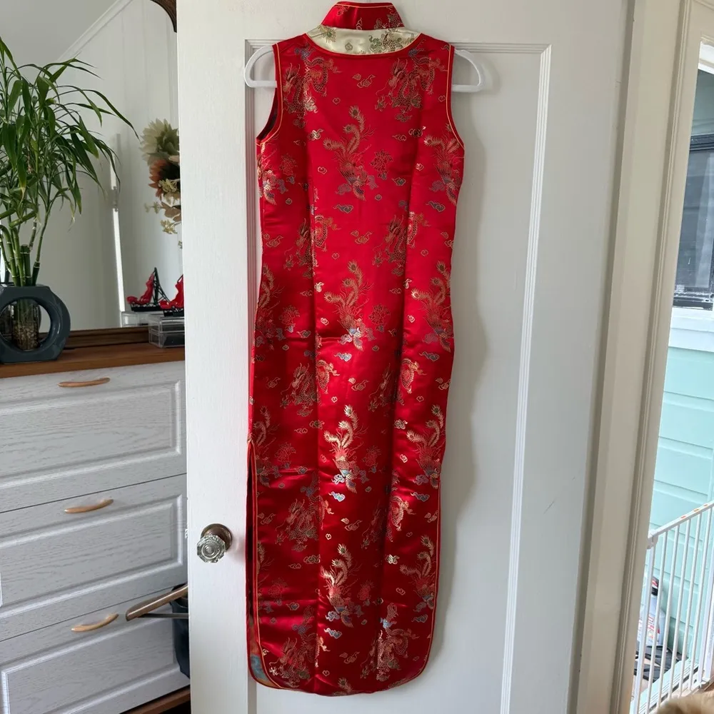 Shanghai SoHo Red & Gold Silk Like Dragon Floral Cheongsam Dress Size Small NEW - Image 7