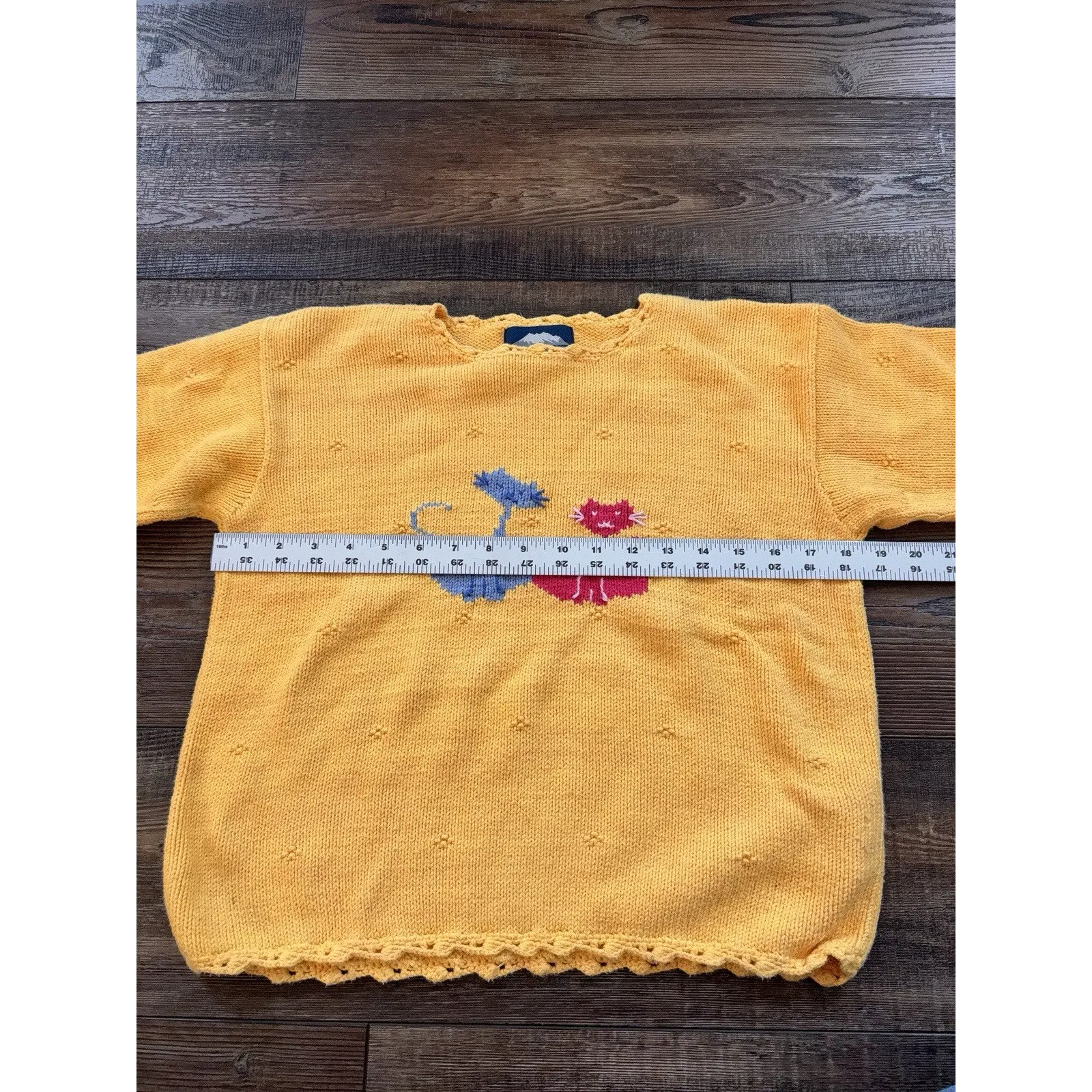 Vintage 90s Rey Wear Handknit Yellow Sweater Cat Small 100% Cotton - Image 5