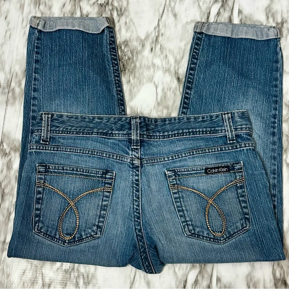 Calvin Klein Blue Ankle Cropped Jeans Sz 14 Normcore Cuffed Comfy Denim Med Wash - Image 5