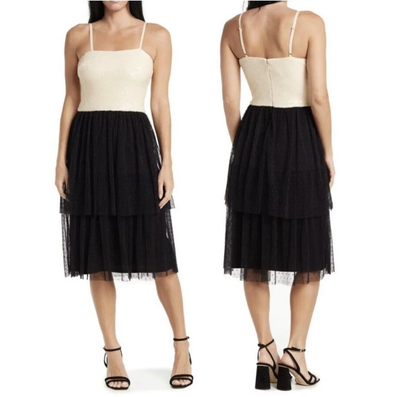 New! Dress The Population Kady Dress 
Cream Sequin Black Tulle Sz Medium $198 - Image 2
