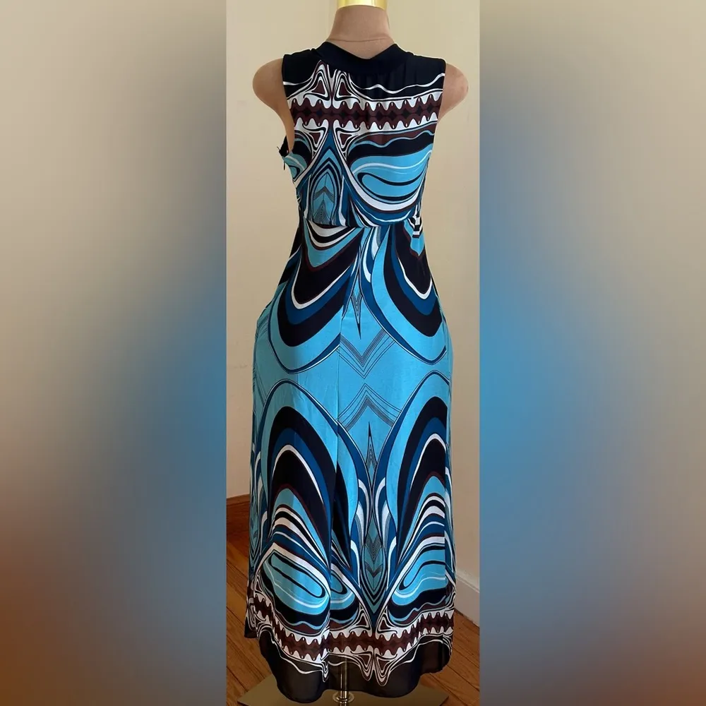 Lucy & Laurel Blue Black Brown White Geometric Halter Top Dress Sz 8 Zip On Side - Image 2