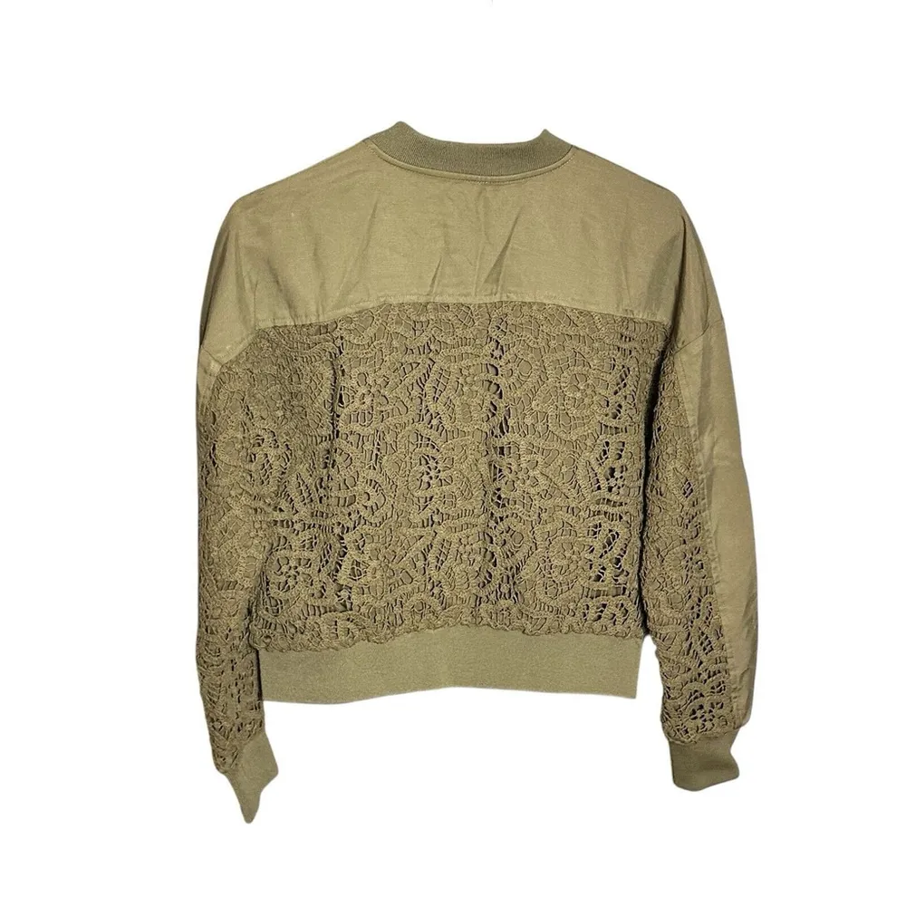 Anthropologie Tencel Blend Crochet Bomber Jacket Army Green Size Small Petite SP - Image 4