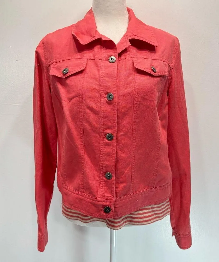 3 Piece Set Coral Linen Cotton Blend Pants & Jacket with Striped Top by Rafaella - Image 14