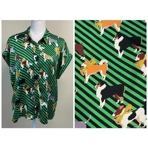Louche Stripe Black Green Shiny Dog Print Shirt Size US 10 - Image 2
