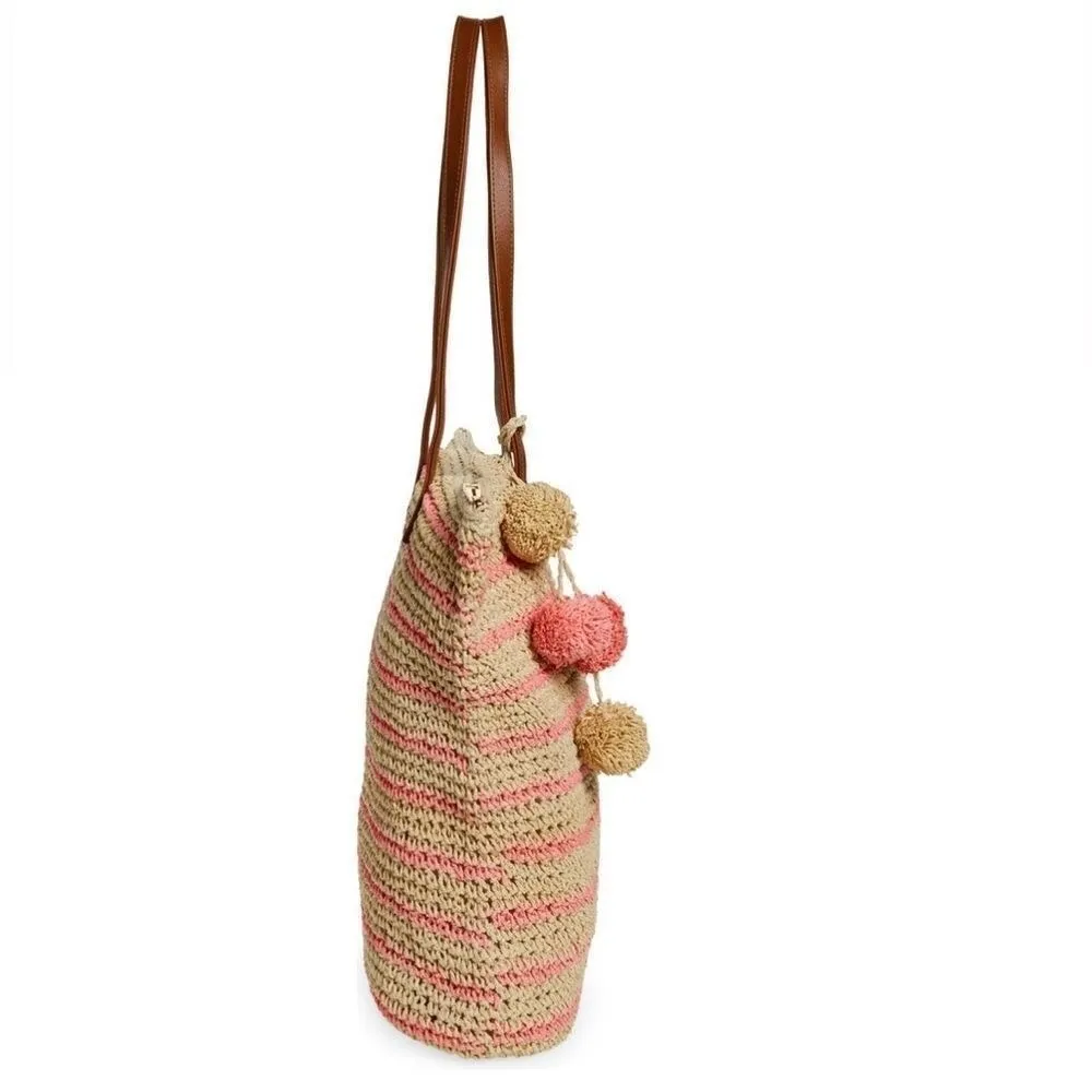 btb‎ Los Angeles Lucy Tote, Straw Woven Pom Pom Vacation Beach Bag, Natural, NWT Tan - Image 10