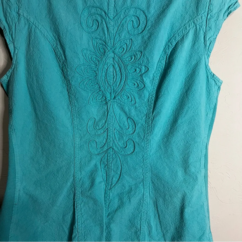 Soft Surroundings Taos Teal Blue Braided Embroidered Romantic Cap Sleeve Blouse - Image 10