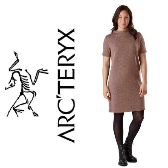 Arc'tery Laina MiniShift Dress Pullover Short Sleeve Mock Neck Knit Brown small - Image 2