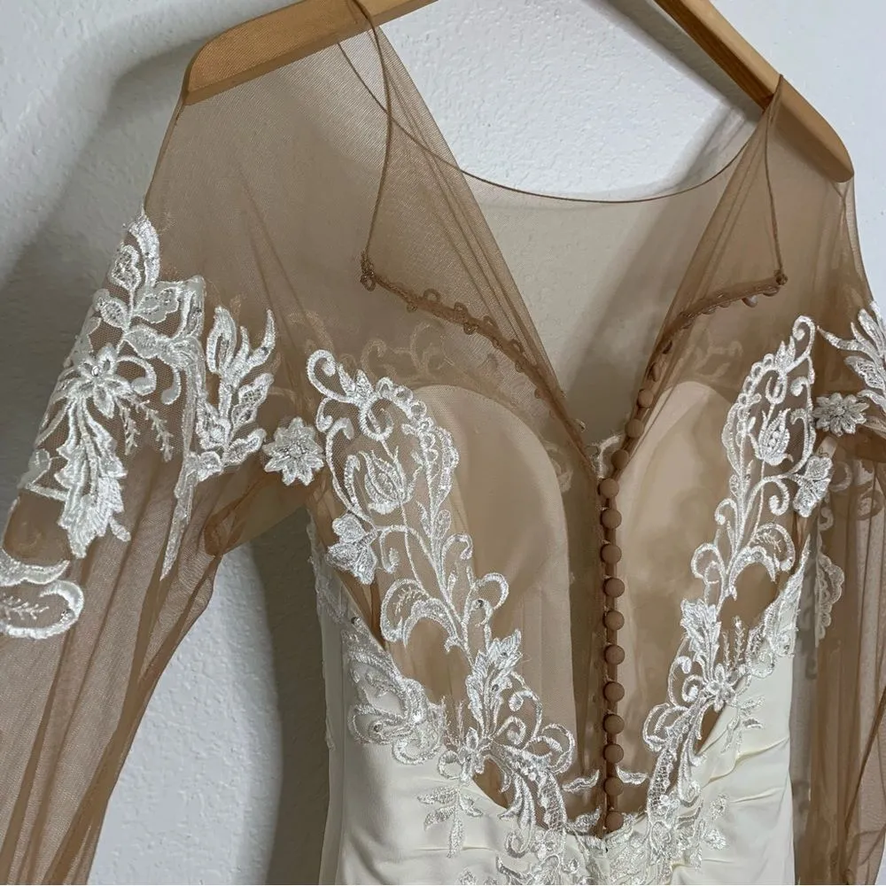 Galina Signature Long Sleeve Ivory Sheer Beaded Wedding Dress Davids Bridal 4 - Image 6