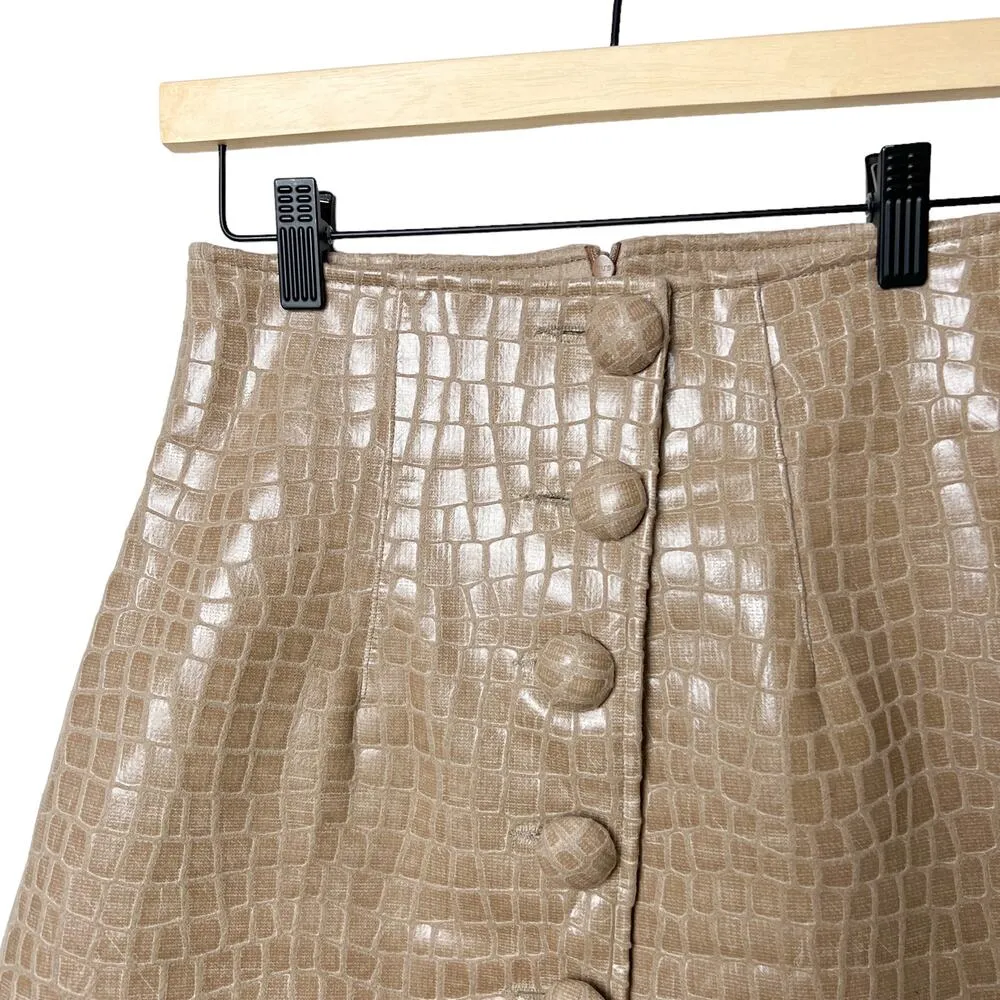 the andamane erin faux croc embossed button high waisted mini skirt tan beige Brown - Image 4