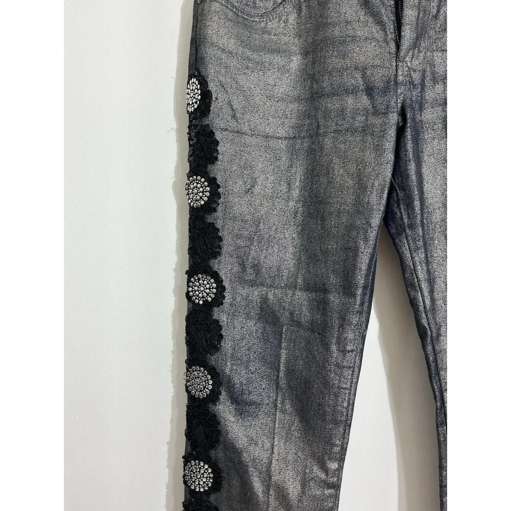 Woman’s Luxury Blues Sun Metal Embelished Stretch Shiny Straight Leg Jeans 9 Blue Size undefined - Image 2