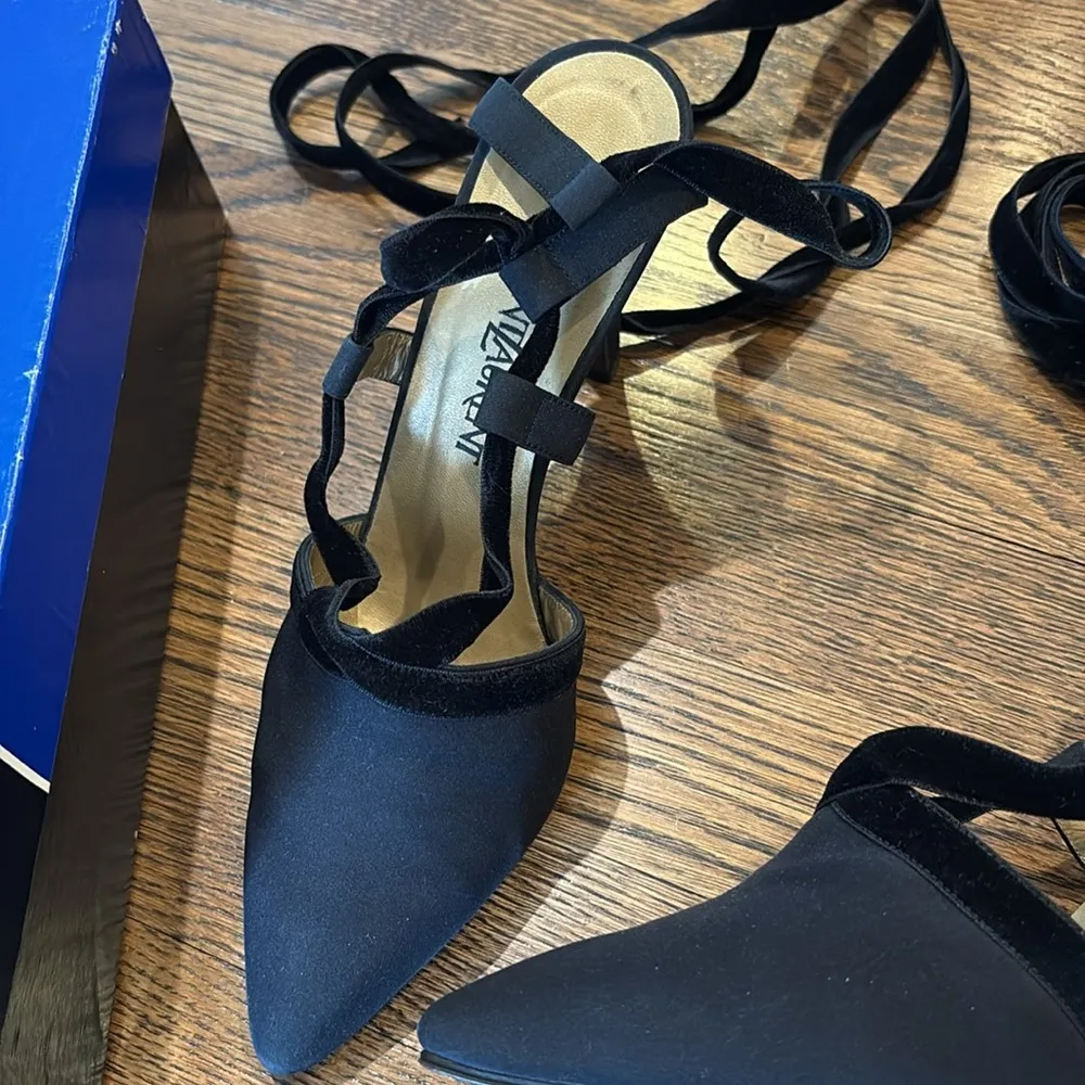 Yves Saint Laurent Vintage crepe and velvet lace up Black slingback heels, 7 - Image 3