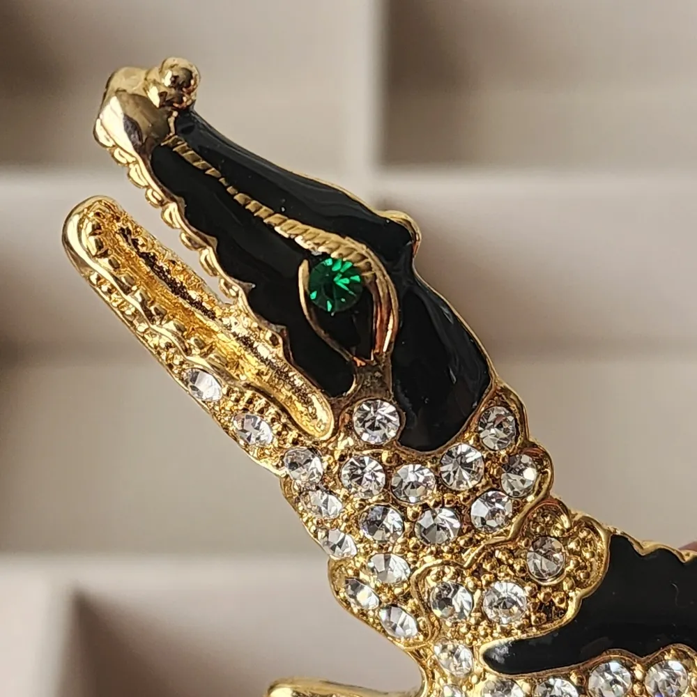 Large Statement Alligator Crocodile Austrian Crystal and Enamel Brooch Pin Gold - Image 2
