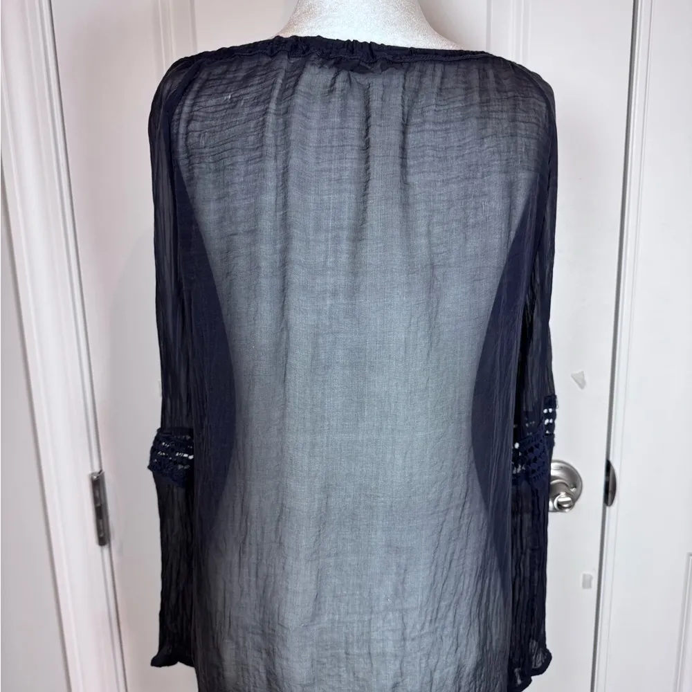 Italian Navy Whimsy Goth Sheer Layers Bohemian Airy Embroidered Gauze Peasant Blue - Image 5