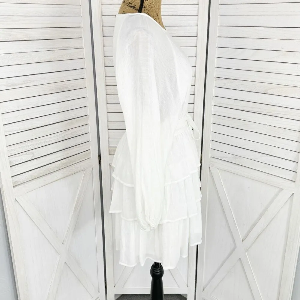Entro Elizabeth Tiered Ruffle Bubble Sleeve Mini Dress White Medium Boho - Image 5