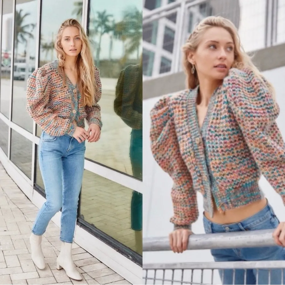 NWOT Ulla Johnson Fiora Wool Puff Sleeve Rainbow Cardigan Sweater Size Small - Image 3