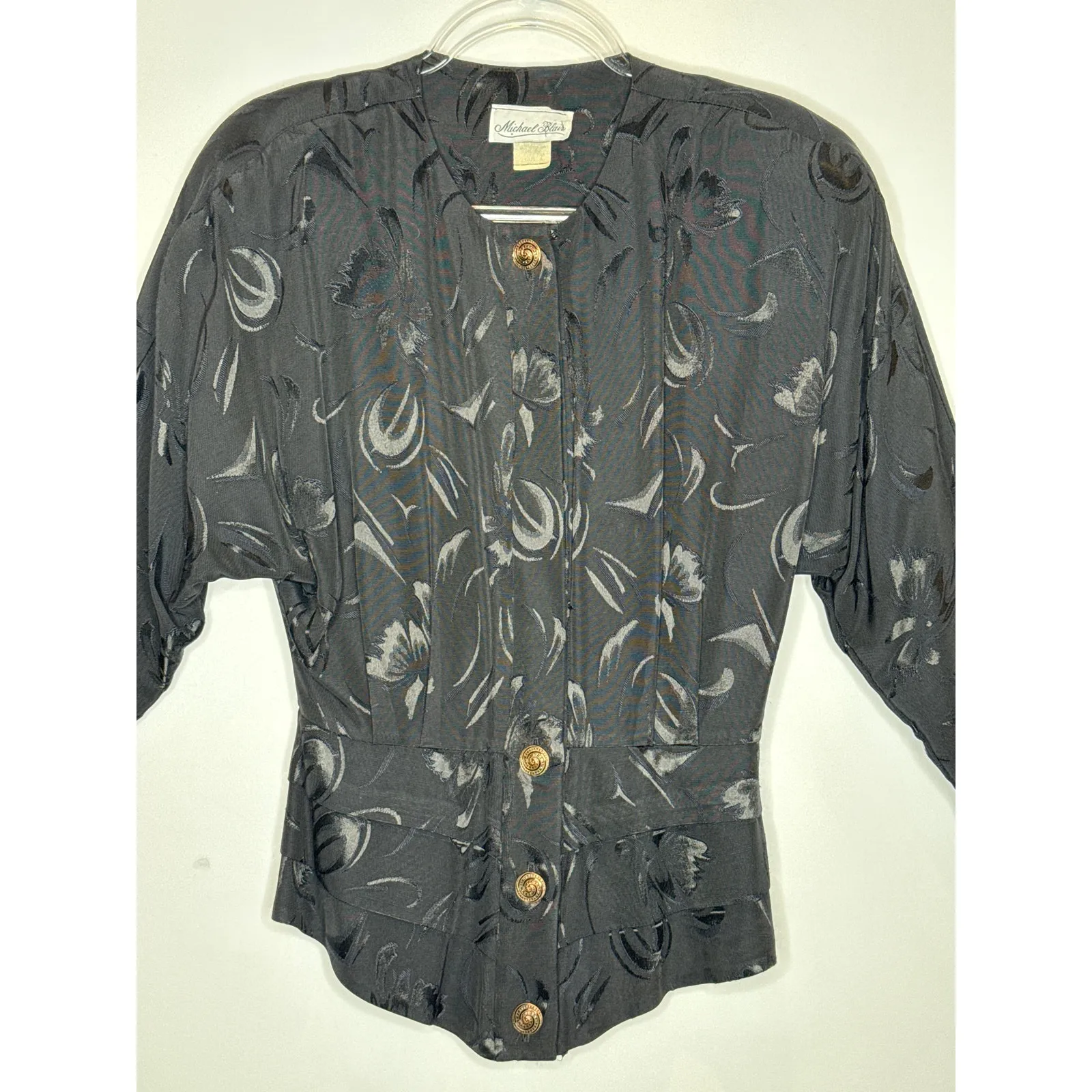 Michael Blair 1990s Black Textured Skirt Suit Set Floral Embossed Size XXS - Image 3