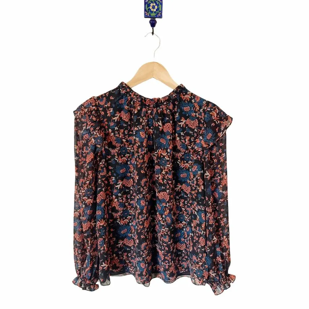 JOIE Peasant Floral Silky Blouse Black Red Gold Thread Long Sleeves Ruffles Sm - Image 11