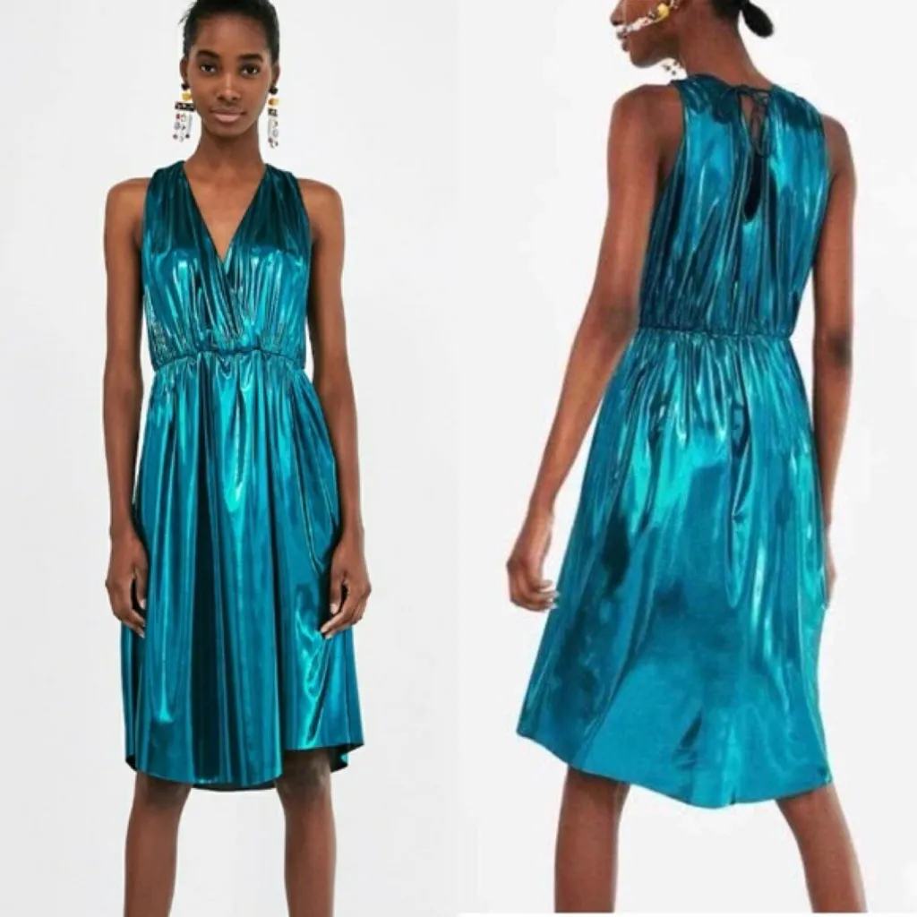 Zara Dress Metallic Wrap Style Blue Size XS Disco Party Grecian Tie Retro V-Neck - Image 2