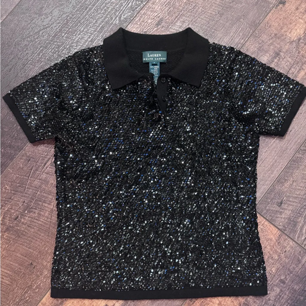 ✨ Lauren Ralph Lauren Black Sequin Polo Top | Merino Wool | Size S - Image 1