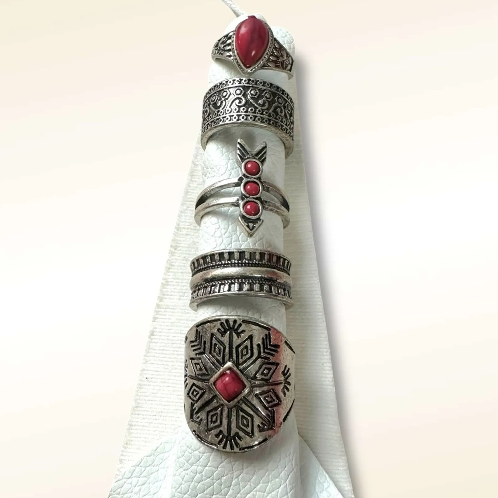 Free People Count Your Lucky Stars Ring Set in Silver Red Western Bohemian - Image 6