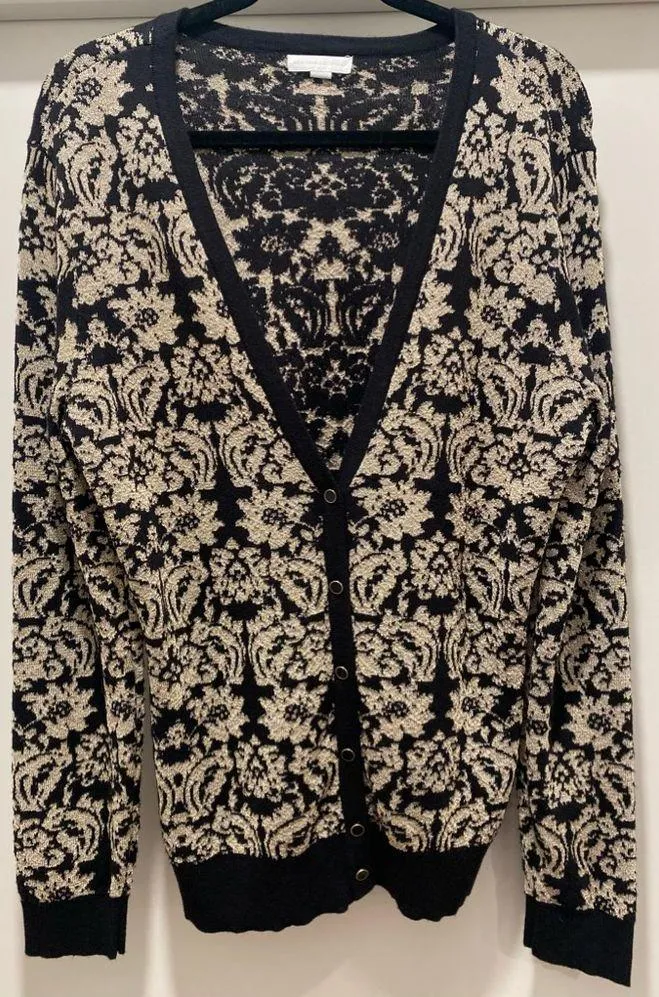 New York & Company Button-Down Black & Gold Metallic Floral Sweater Cardigan XL - Image 14