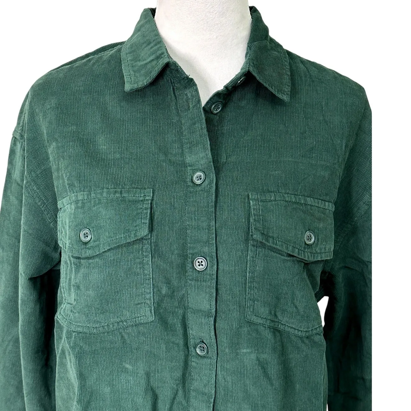 BP Crop Shirt Jacket Collar Button-Up Chest Pockets Corduroy Green Women's M NWT - Image 3