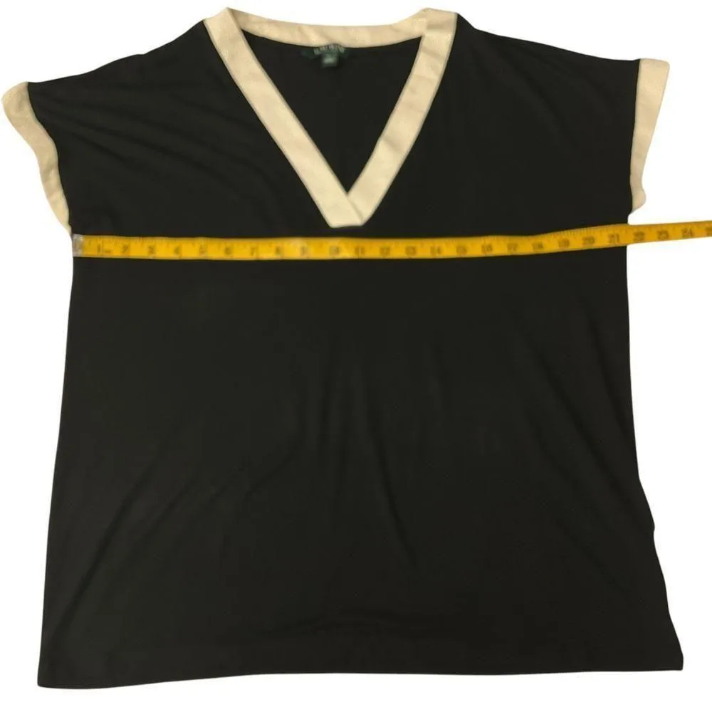 LAUREN  Women's V-Neck Tunic Top Sz L Cream Trim Short Sleeve Blouse - Image 6