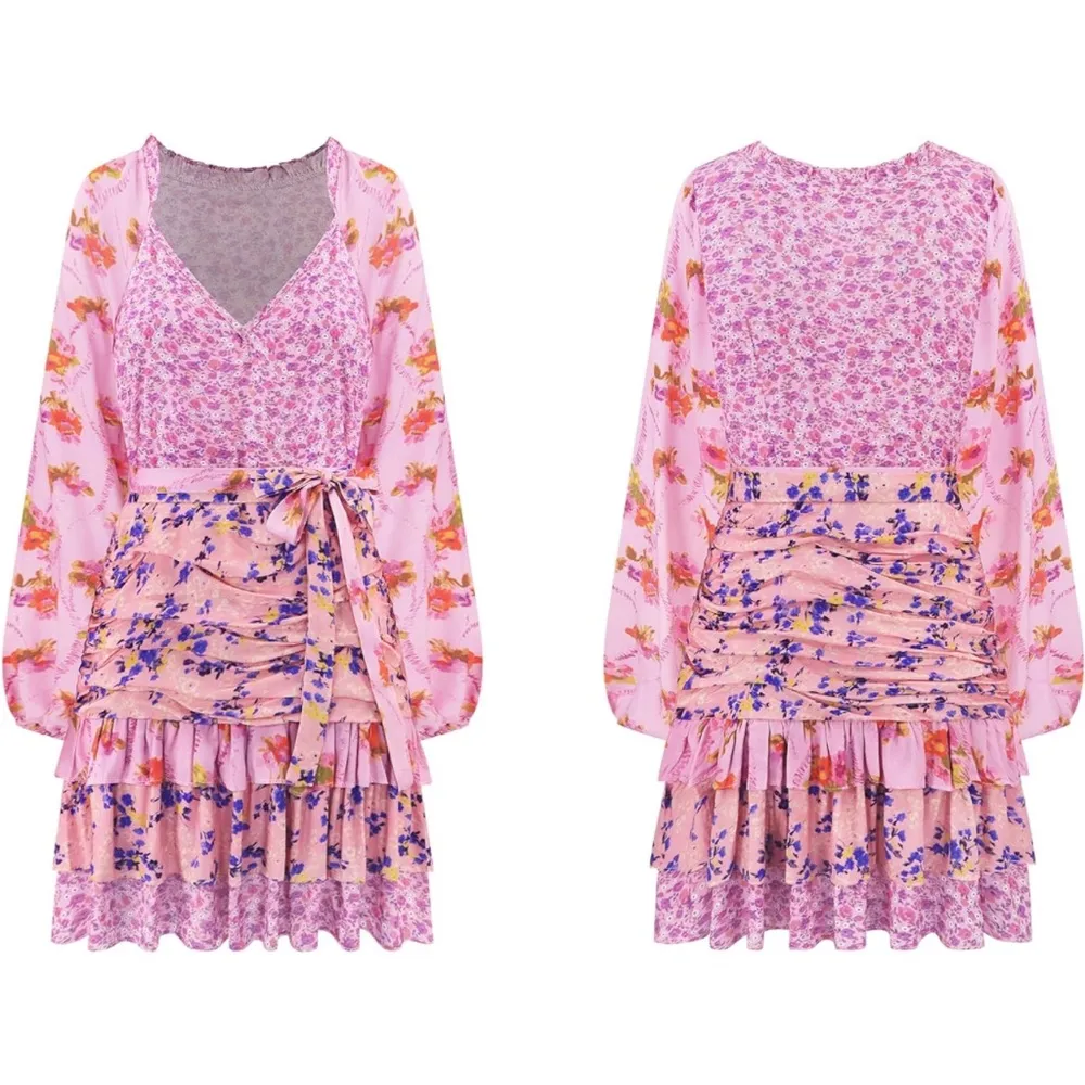 R. VIVIMOS Pink Boho Floral V neck Dress small NEW Blue - Image 5
