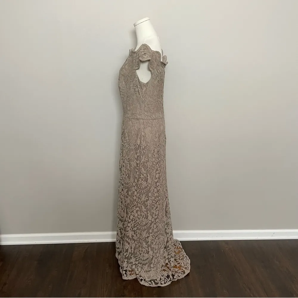 Tadashi Shoji Dress Embroidered Lace Off Shoulder Gown Wedding Taupe No Belt - Image 11