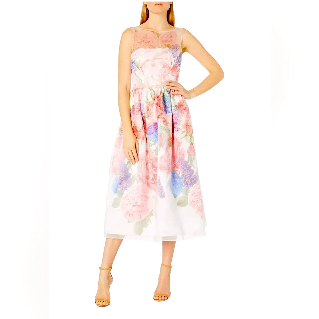 Carmen Marc Valvo Infusion Floral Midi Dress Size 4 Summer Wedding Guest in EUC - Image 3