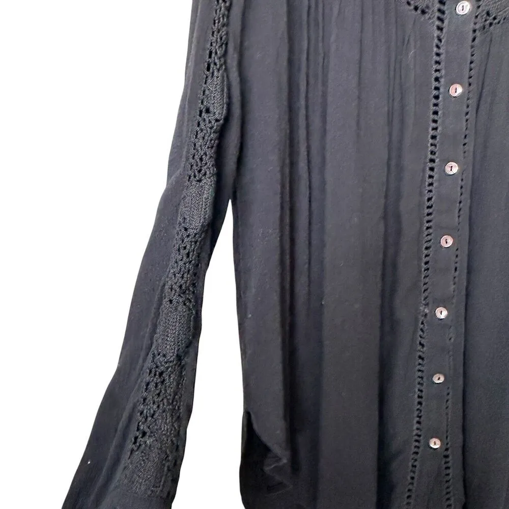 FREE PEOPLE Katie Bird Small Boho Crochet Inset Black Flowy Shirt - Image 3