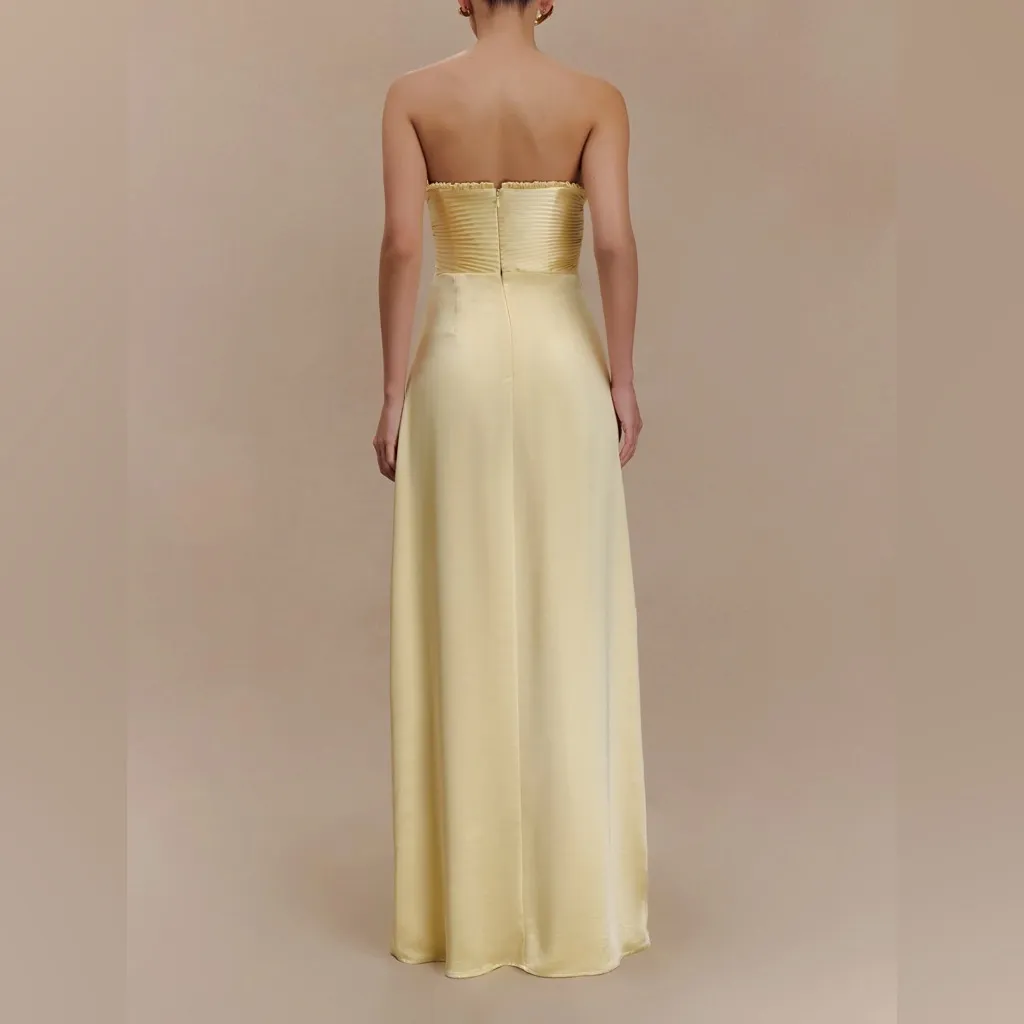 Meshki Larissa Satin Maxi Dress with Ruched Petals- Lemon Yellow - Image 2