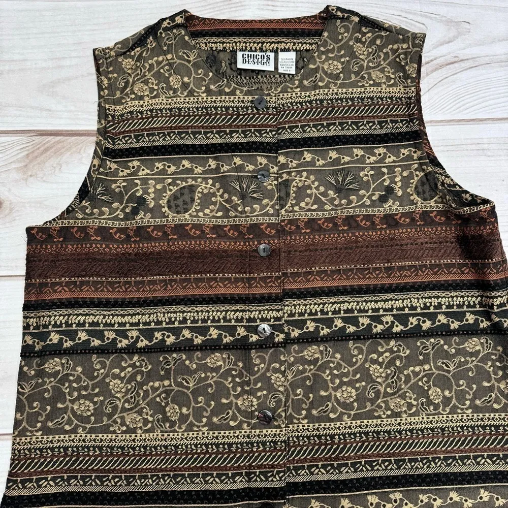 Chico’s Design Brown Black and Gold Paisley Tapestry Boho Southwestern Vest - Image 2