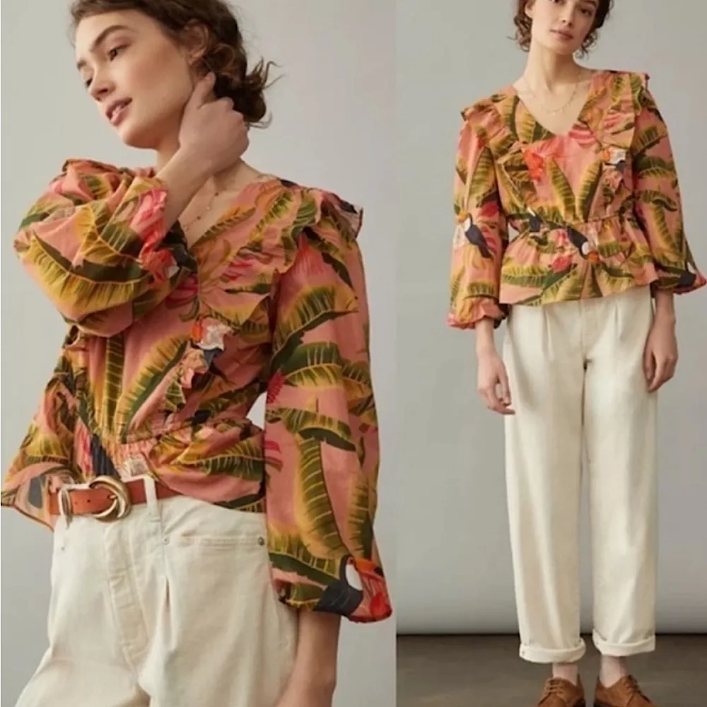 Farm Rio for‎ Anthropologie Yasmine Ruffled Blouse Toucan Floral Tropical Small - Image 2