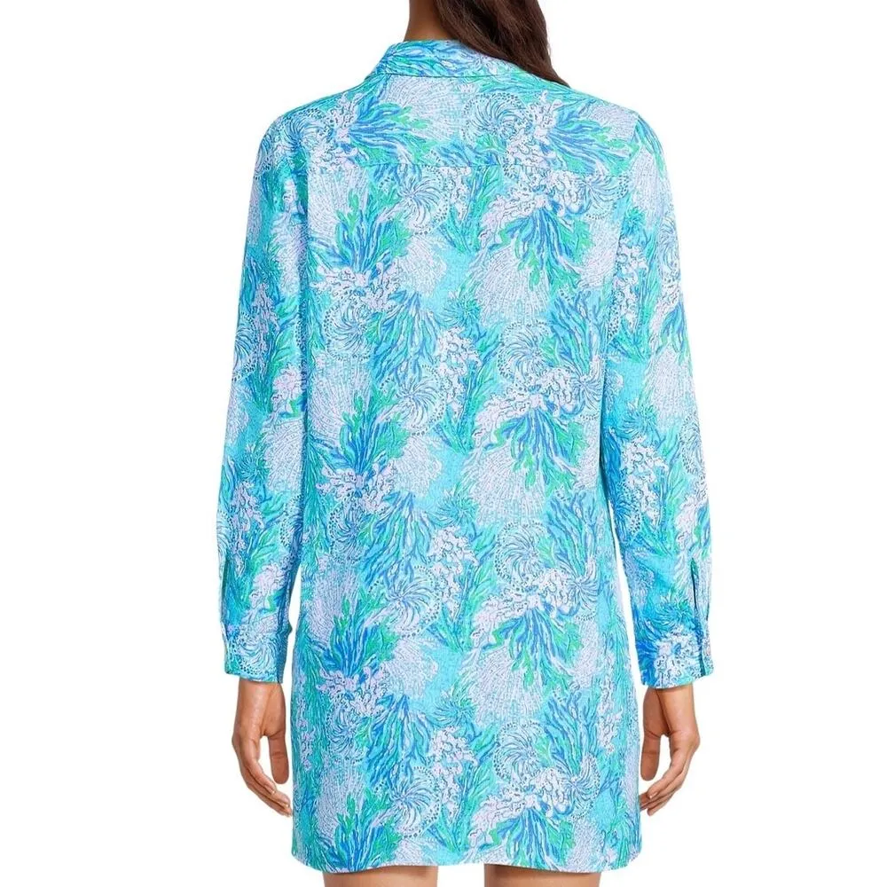 LILLY PULITZER Lagoon Linen Cover-Up Shirt Dress Women S Oversize Beach Resort - Image 5