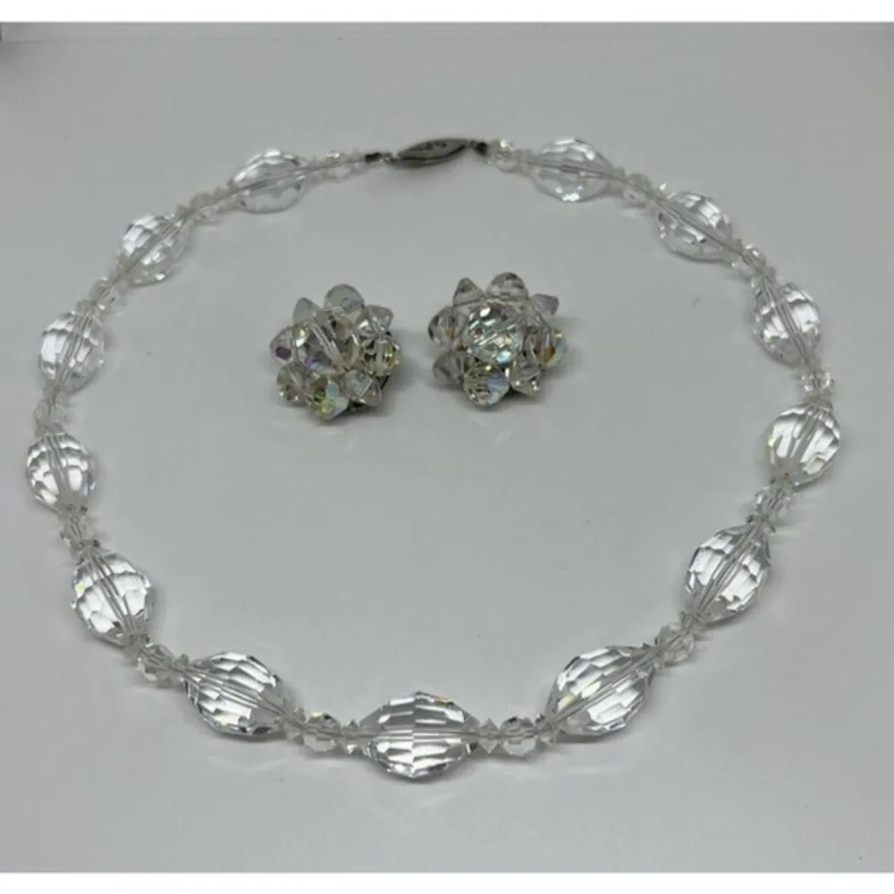 Vintage Clear Acrylic Faceted Beaded Choker Necklace 17" Clip On Earrings German - Image 10