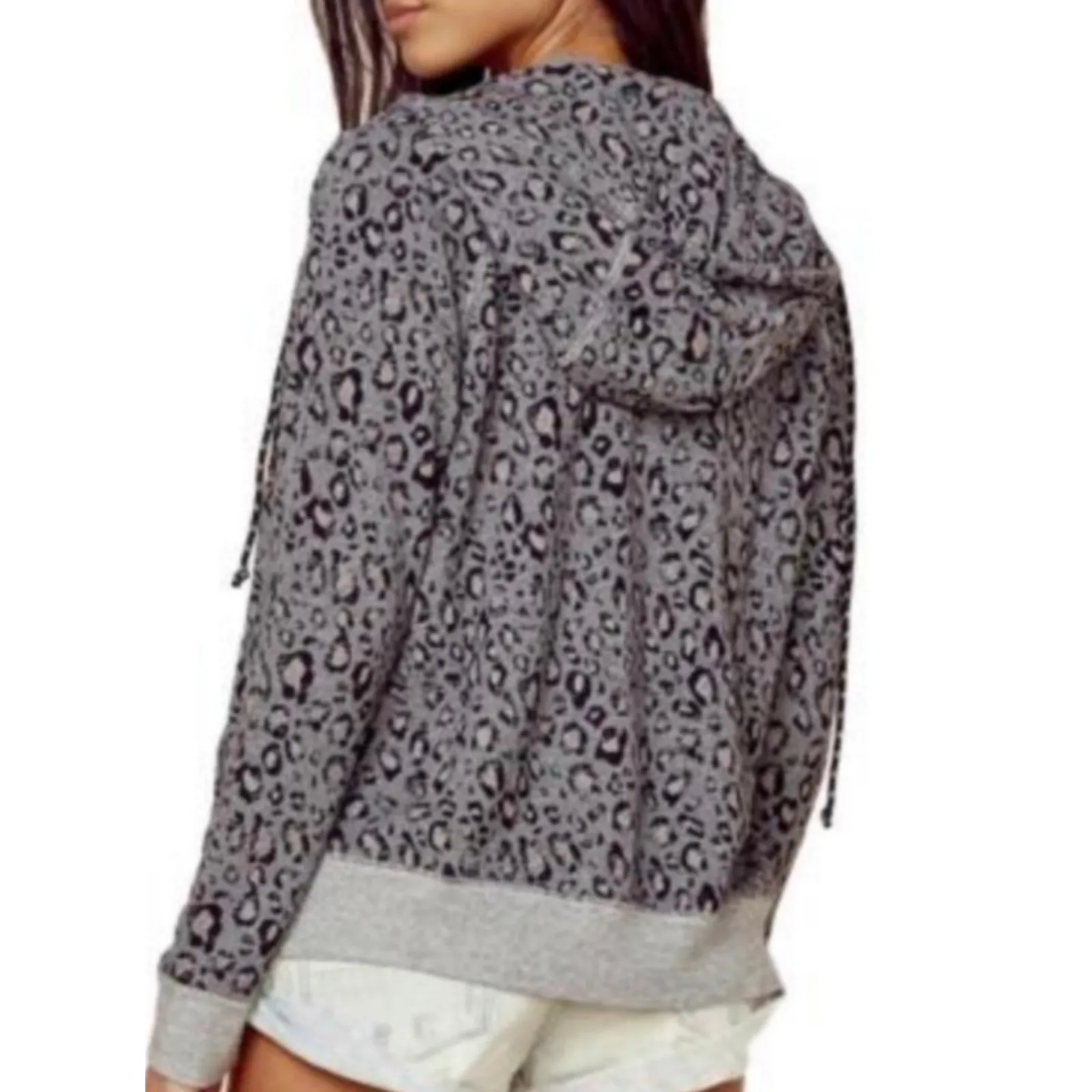SUNDRY Leopard Print Zip Up Hoodie Gray Women's Size 0 (XS) - Image 2