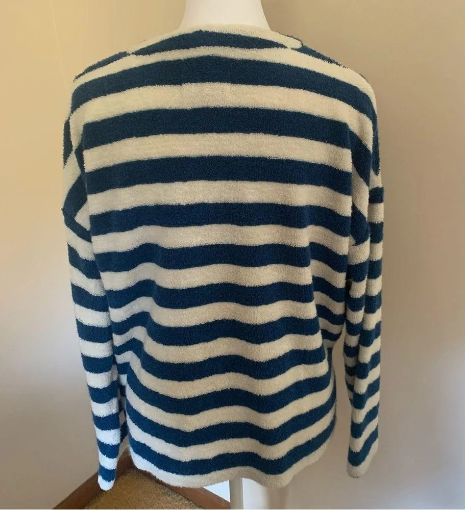 Madewell Blue and White Striped Terry Terry Notched Sweatshirt Size Small - Image 6