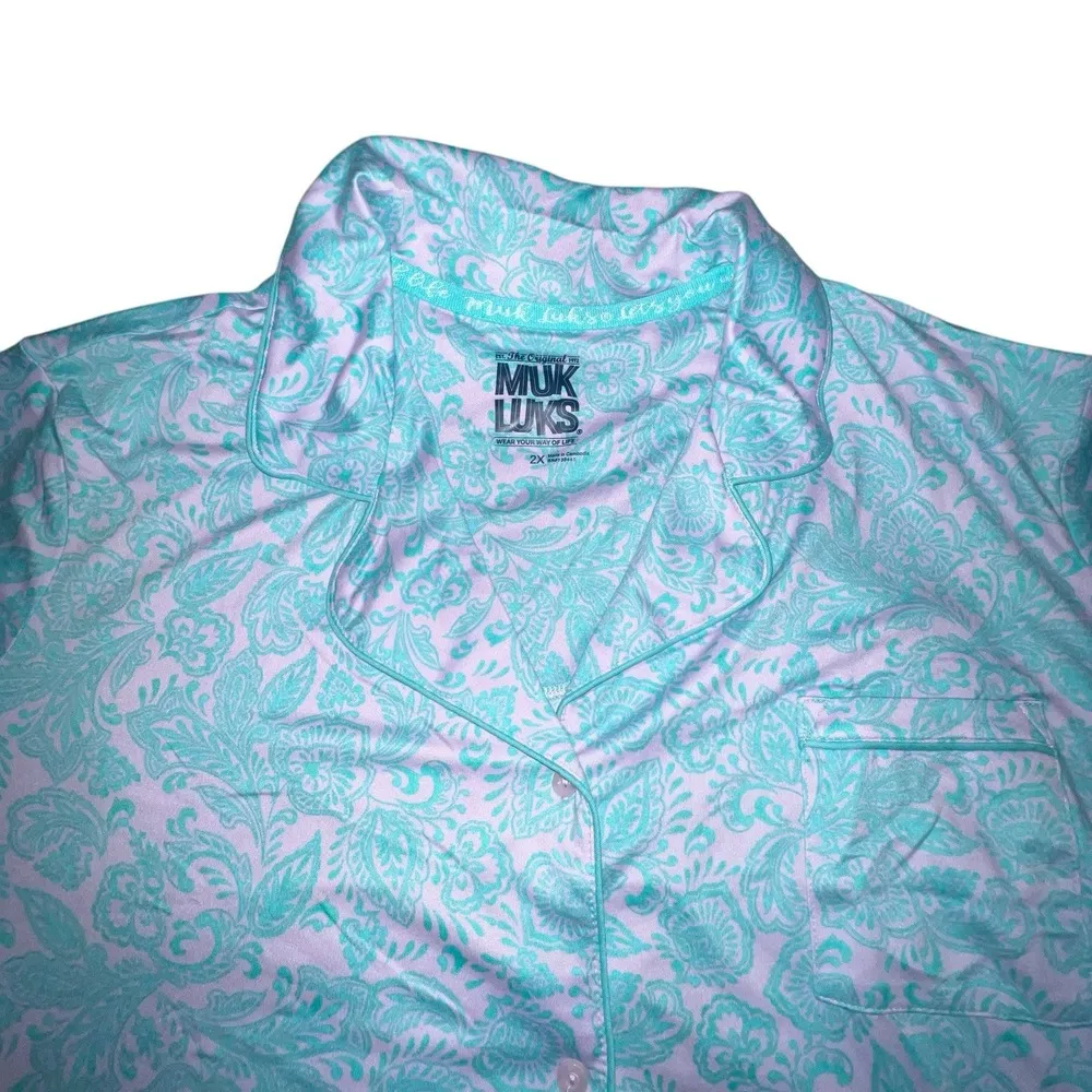 Muk Luks Women's Sleepwear Sz 2X Cloud Knit‎ Notch Collar Top Shorts Floral Blue - Image 4