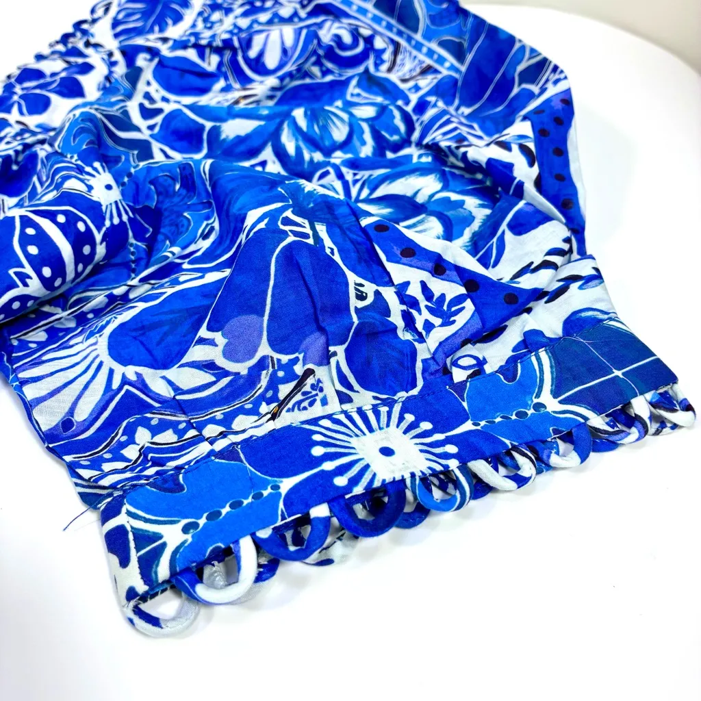 FARM Rio Tile Dream Cotton Puff Sleeve Peplum Top Blouse Blue White Large NWT - Image 14