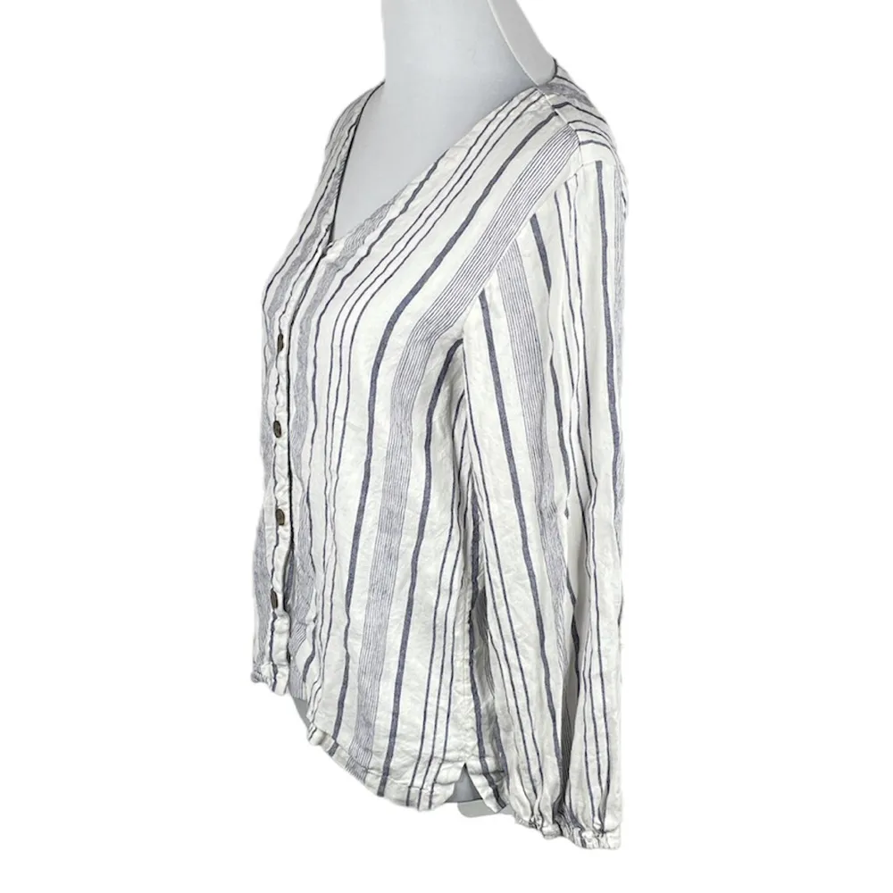 Loft Linen Striped Button Down Blouse, Blue, White, Medium - Image 4
