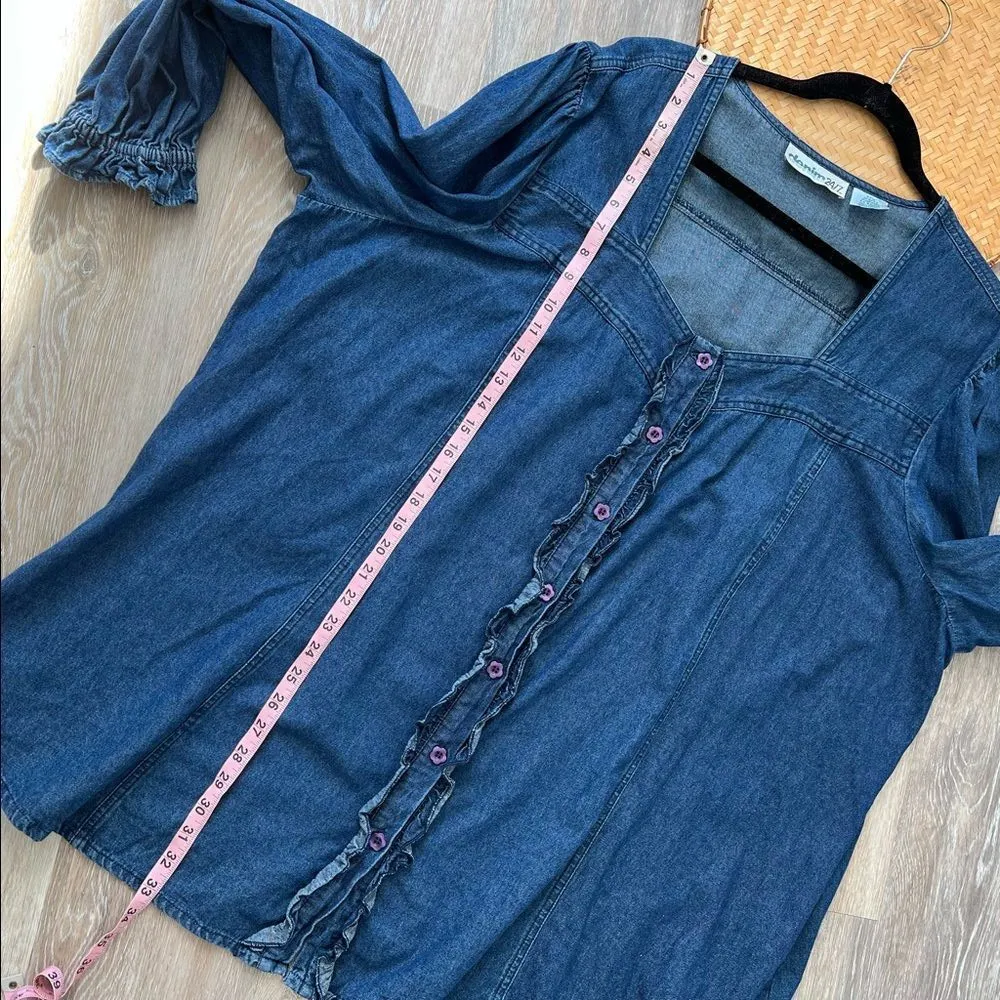 Denim 24/7 stonewash indigo blouse art to wear flower buttons‎ Size 32W - Image 6