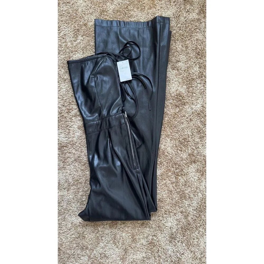 NEW Good American Black Vacay Faux Leather Jumpsuit Womens Size 1 Wide Leg - Image 3