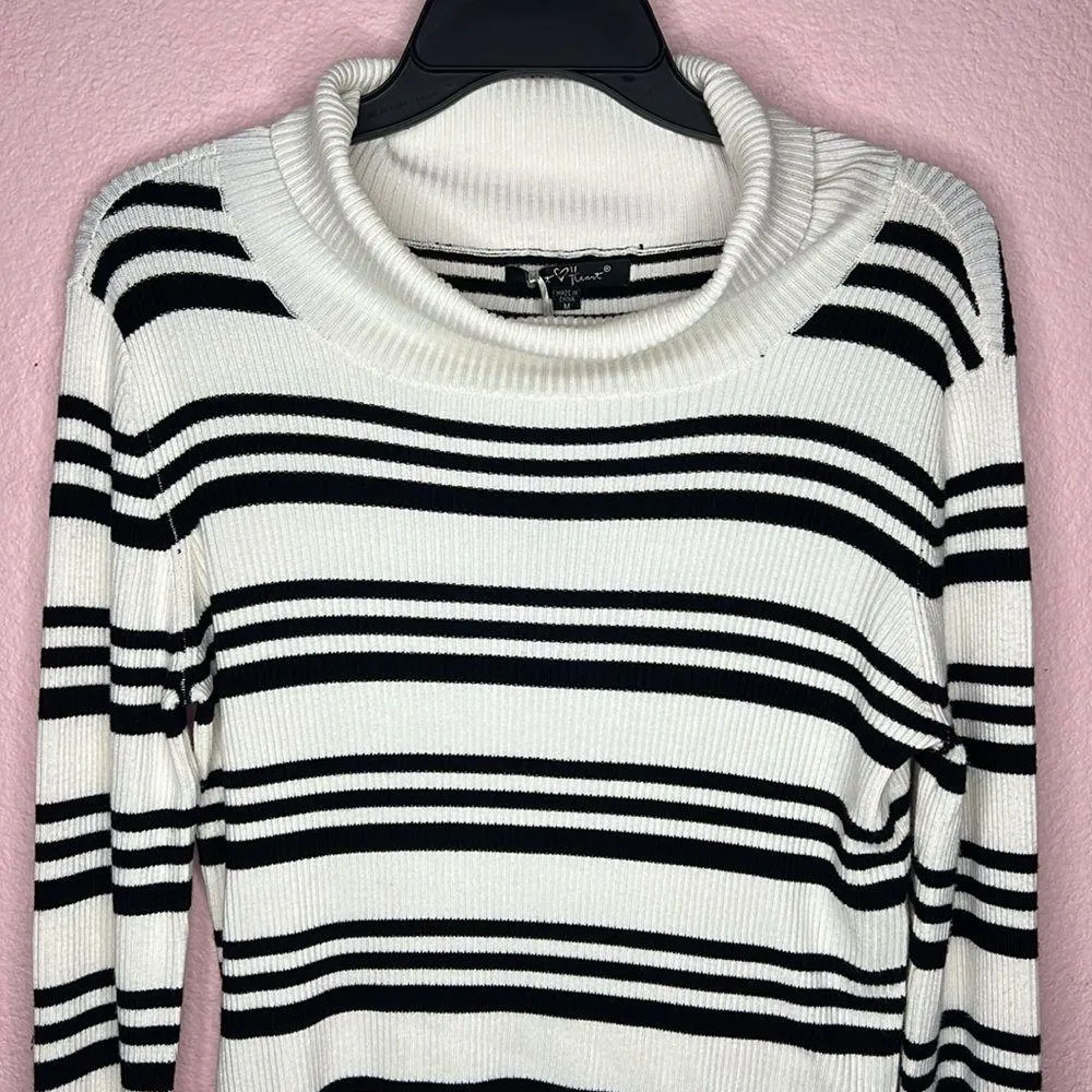 Velvet Heart Black & White Striped Ribbed Cowl Neck Sweater. Size M - Image 2