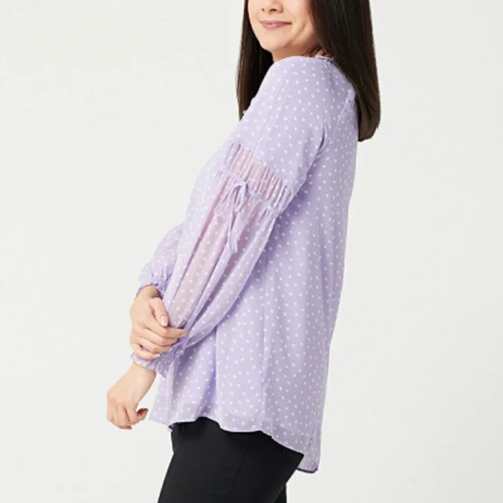SUSAN GRAVER Printed Sheer Chiffon Raglan Sleeve Peasant Top Lilac Lavender Boho - Image 3