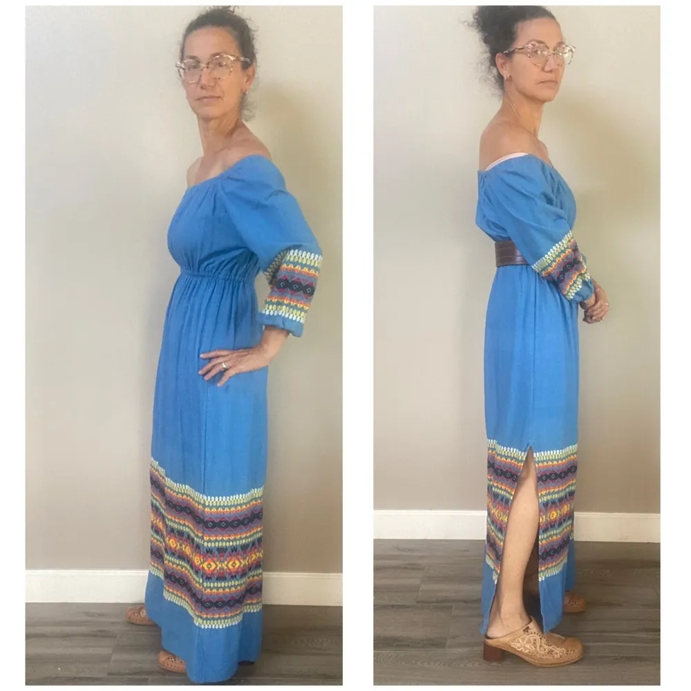 Vintage Southwest Navajo embroidered off shoulder cotton peasant sleeve … Blue Size undefined - Image 3