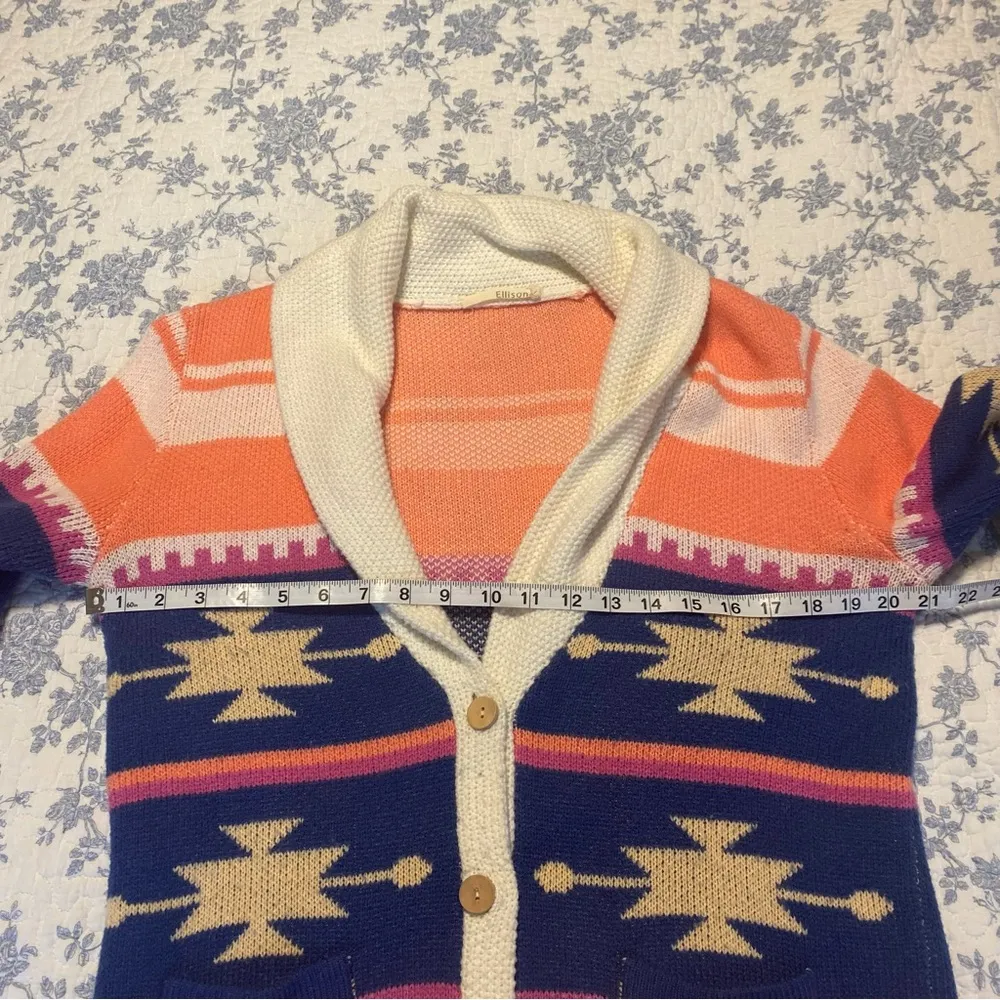 Ellison Coral Cream Aztec Western Print Longline Button Cardigan Sweater Large - Image 4